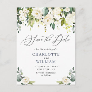 Eukalyptus Weiße Rosen Hochzeit Save the Date Postkarte