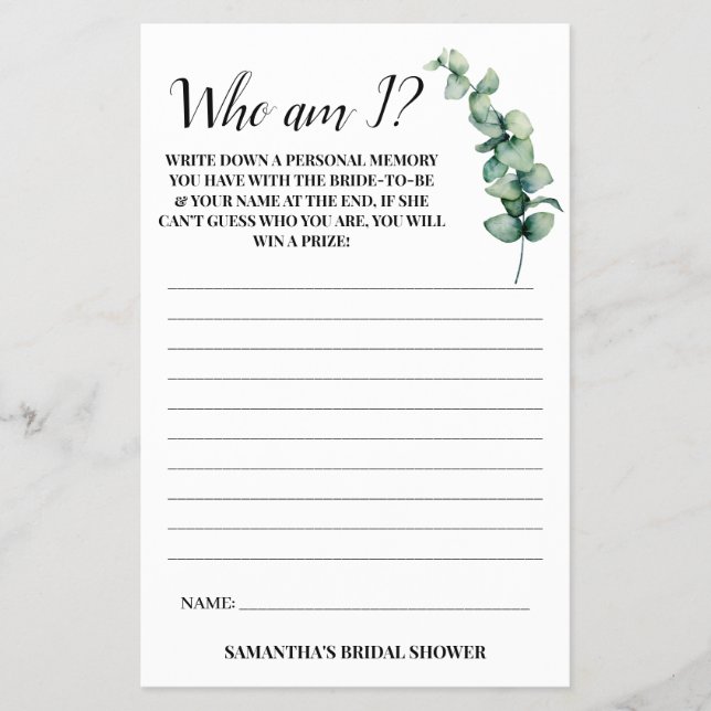 Eukalyptus Wer bin ich? Brautparty Game Card Flyer (Vorne)