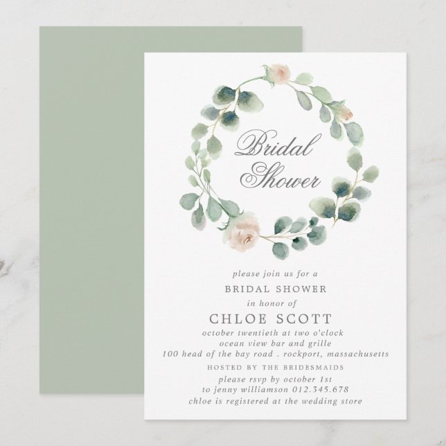 Eukalyptus White Floral Wreath Brautparty Einladung (Vorne/Hinten)