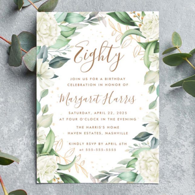 Eukalyptus White Gold Floral 80. Achtzig Geburtsta Einladung (Von Creator hochgeladen)