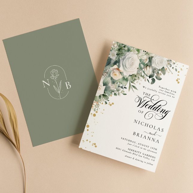 Eukalyptus White Rose Elegante Grüne Hochzeit Einladung (Von Creator hochgeladen)