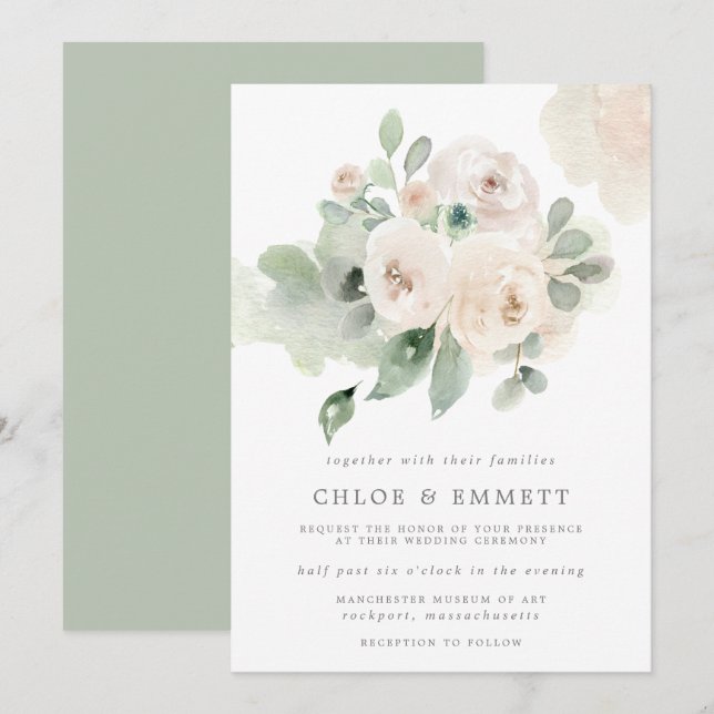 Eukalyptus White Rose Floral Wedding Einladung (Vorne/Hinten)