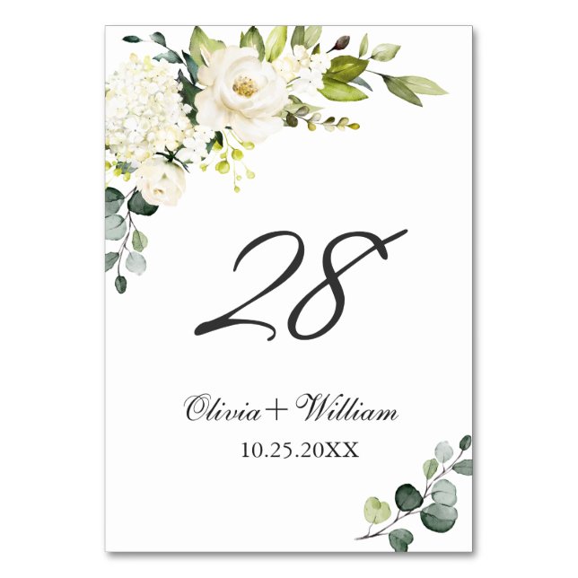 Eukalyptus White Roses Floral Wedding Tabl Tischnummer (Vorderseite)