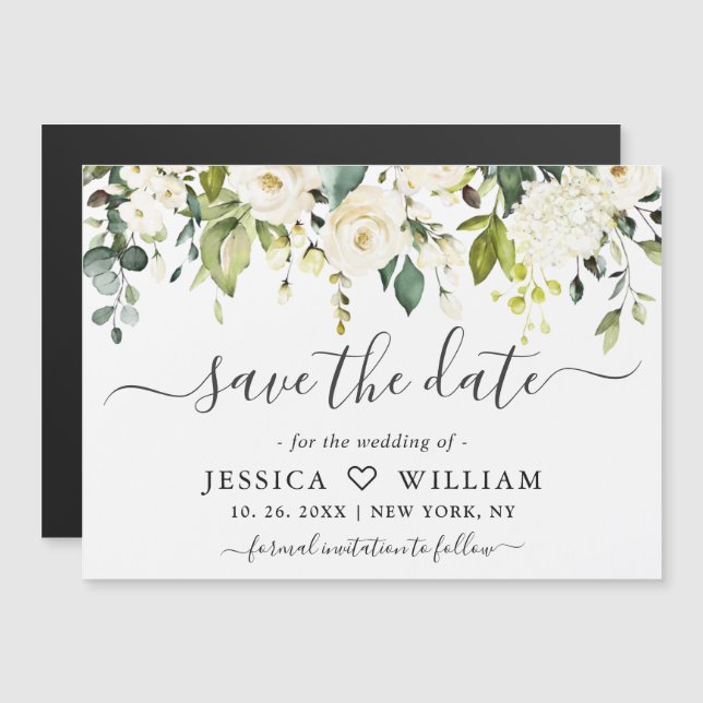 Eukalyptus White Roses Save the Date Magnetkarte (Vorne/Hinten)