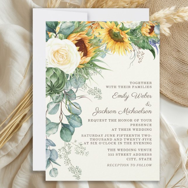 Eukalyptus White Roses Wedding Einladung (Elegant sunflowers and eucalyptus wedding invitation)