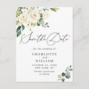 Eukalyptus White Roses Wedding Save the Date Postkarte