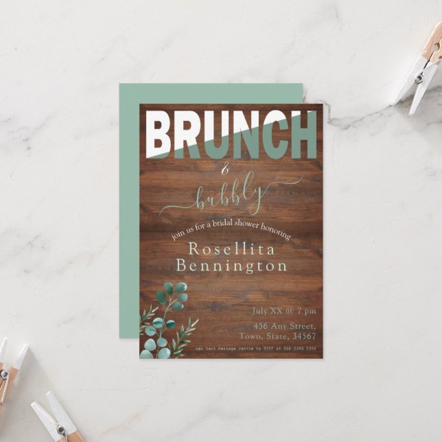 Eukalyptus Wood Brunch und Bubbly Brautparty Einladung (Vorderseite/Rückseite Beispiel)