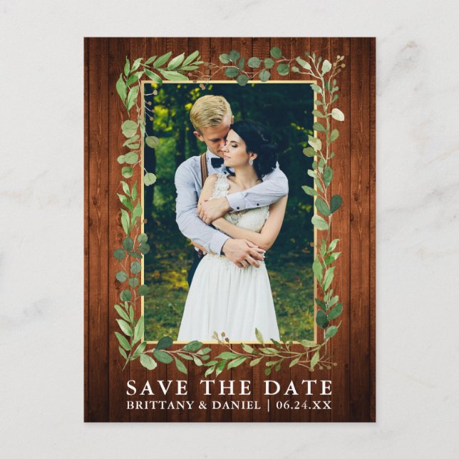 Eukalyptus Wood Gold Save the Date Postkarte (Vorderseite)