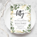 Eukalyptus Wreath 50. Geburtstagsparty Einladung<br><div class="desc">50. Geburtstagsfeier Einladung. Elegantes florales botanisches Design in grün weiß und Imitat Glitzer Gold. Modernes Design mit handgemalten Aquarellen,  Eukalyptuskranz und Skript-Schriftart. Ideal für ein stilvolles 50-tägiges Fest. Personalisieren Sie Ihre persönlichen Daten. Kann für jedes Alter angepasst werden! Gedruckte Zazzle Einladungen oder Sofortdownload digitalen druckbaren Vorlage.</div>