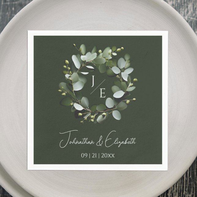 Eukalyptus Wreath Dunkelgrün Serviette (Dark Green Modern Monogram Eucalyptus Wreath Wedding Napkin)