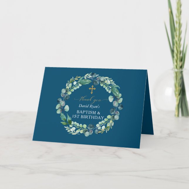 Eukalyptus Wreath Foto Boy Baptisse Erster Geburts Dankeskarte (Vorderseite)