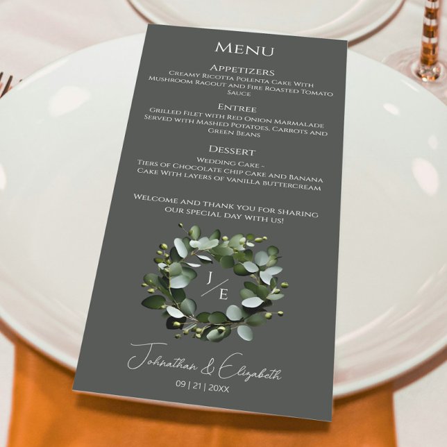 Eukalyptus Wreath | Grau Menükarte (Gray Modern Monogram Eucalyptus Wreath Wedding Menu)