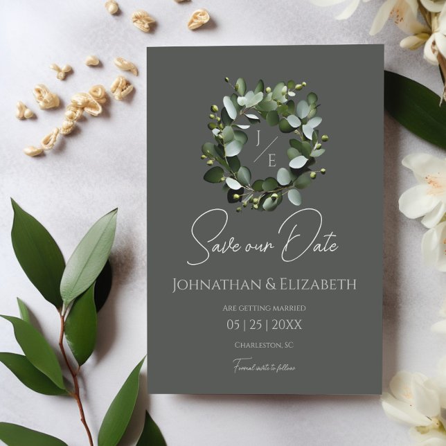 Eukalyptus Wreath | Grau Save The Date (Gray Modern Monogram Eucalyptus Wreath Save the Date)