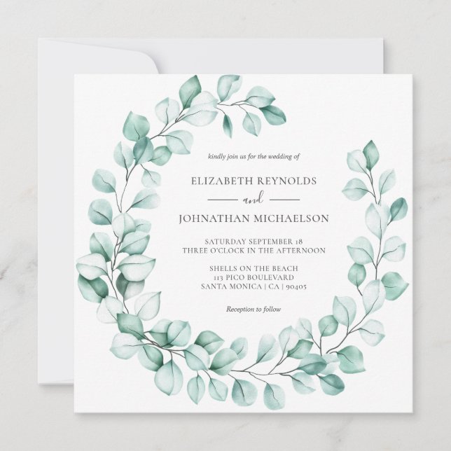 Eukalyptus Wreath Greenery Elegante Watercolor Einladung (Vorderseite)