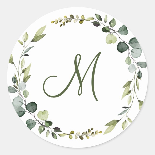 Eukalyptus Wreath MONOGRAM Boho Runder Aufkleber (Vorderseite)