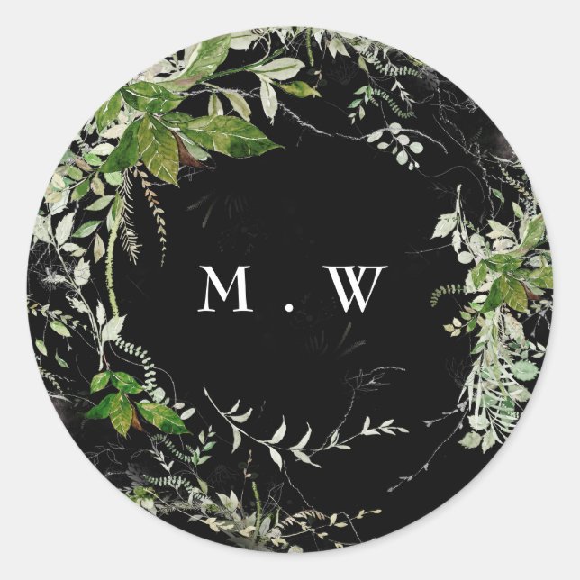 Eukalyptus Wreath Monogram Premium Black Envelope Runder Aufkleber (Vorderseite)