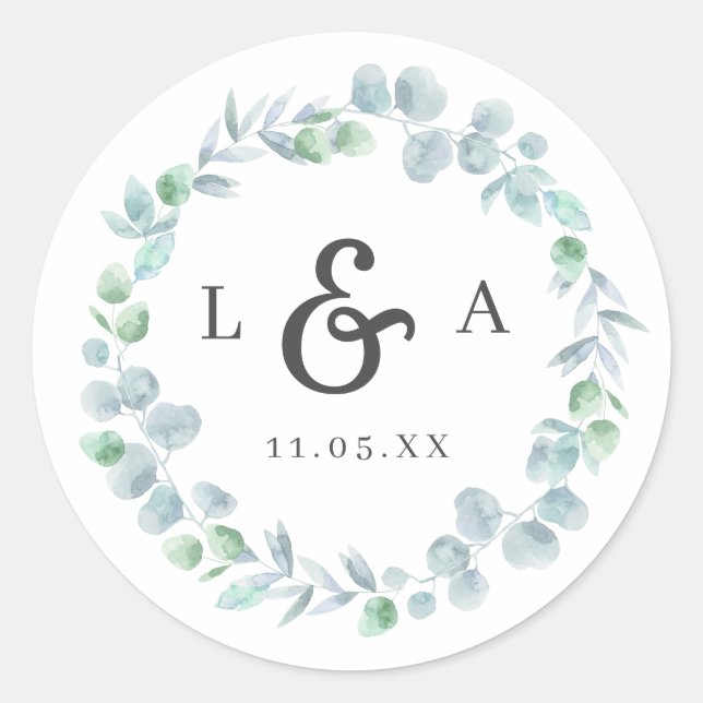 Eukalyptus Wreath Monogram Wedding Runder Aufkleber (Vorderseite)