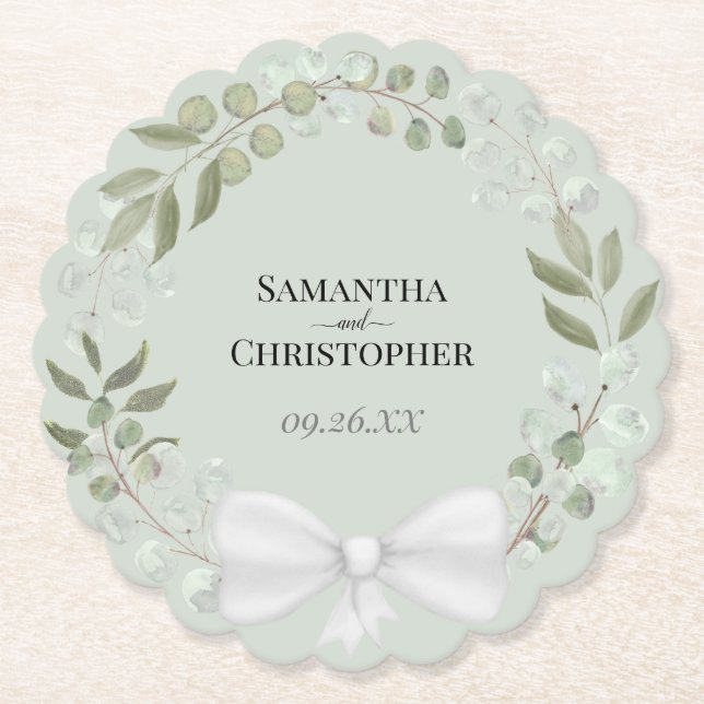 Eukalyptus Wreath Sage Grünes Hochzeitspapier Untersetzer (Vorderseite)