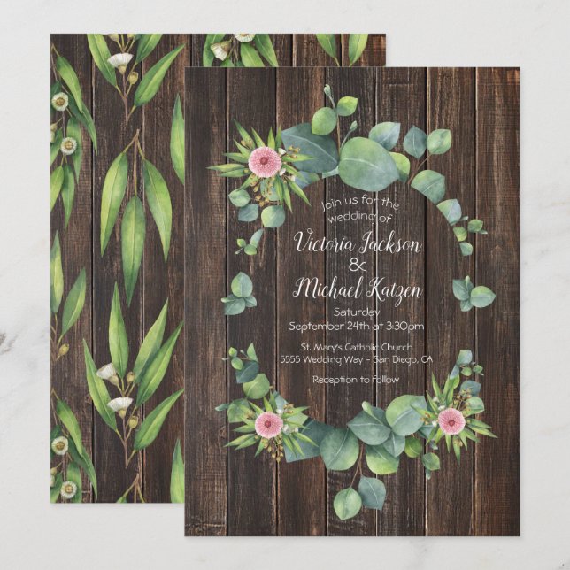 Eukalyptus Wreath Wedding Einladung (Vorne/Hinten)