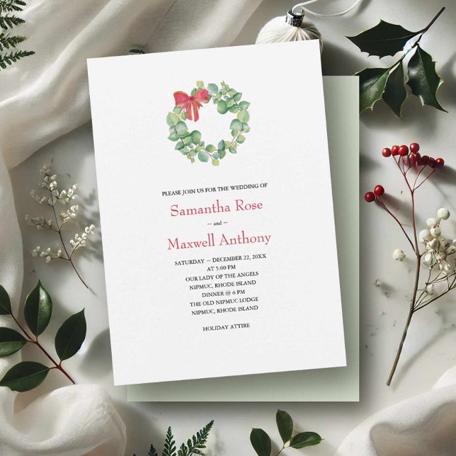 Eukalyptus Wreath Wedding Einladung (Winter wedding invitations watercolor eucalyptus & red bow wreath by Victoria Grigaliunas VG Invites)