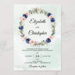 Eukalyptus Wreath Wedding Navy und Blush Einladung