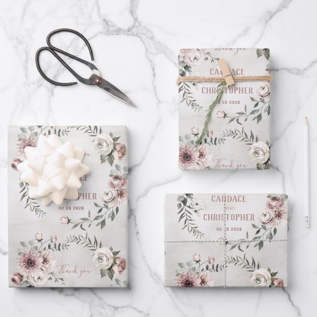 Eukalyptus Wreath Wedding Rustic Blush Vielen Dank Geschenkpapier Set (Vorderseite)