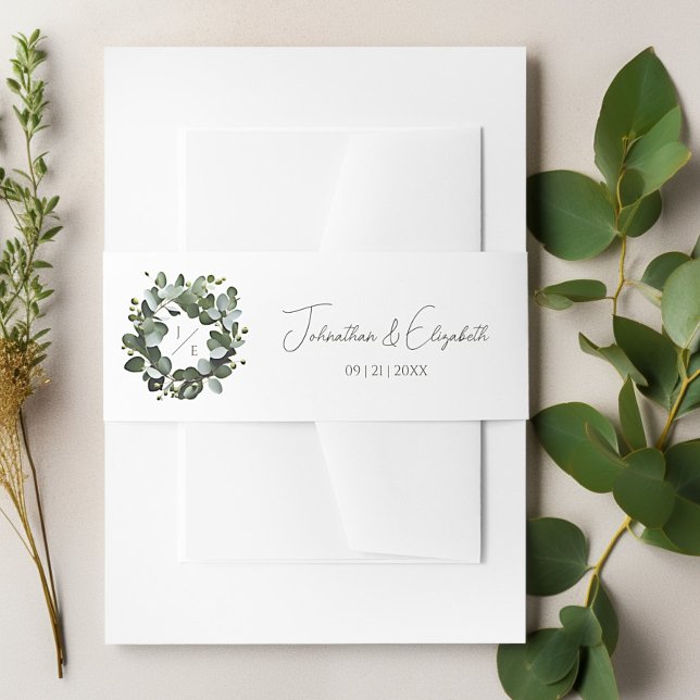 Eukalyptus Wreath Wedding | Weiß Einladungsbanderole (White Modern Monogram Eucalyptus Wreath Wedding Invitation Belly Band)