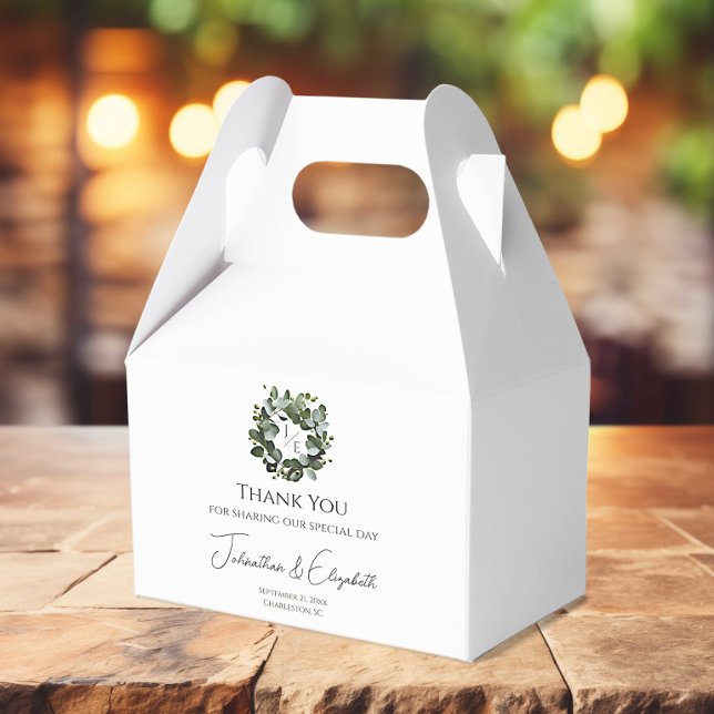Eukalyptus Wreath Wedding | Weiß Geschenkschachtel (White Modern Monogram Eucalyptus Wreath Wedding Favor Box)