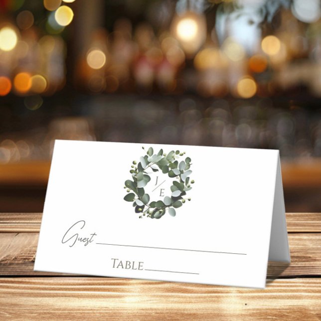 Eukalyptus Wreath Wedding | Weiß Platzkarte (White Modern Monogram Eucalyptus Wreath Wedding Place Card)