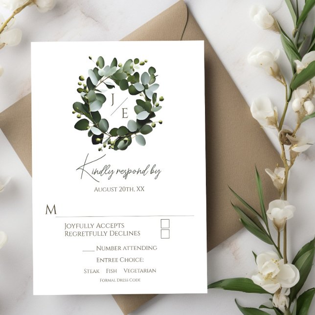 Eukalyptus Wreath Wedding | Weiß RSVP Karte (White Modern Monogram Eucalyptus Wreath Wedding RSVP)