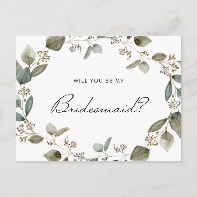 Eukalyptus Wreath wird meine Bridesmaid sein Einladungspostkarte (Vorderseite)