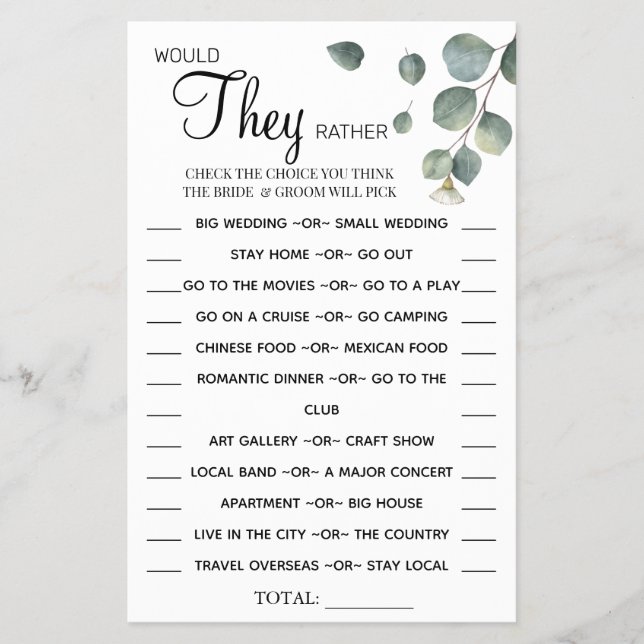 Eukalyptus Würden sie lieber duschen Spielkarte Flyer (Vorne)