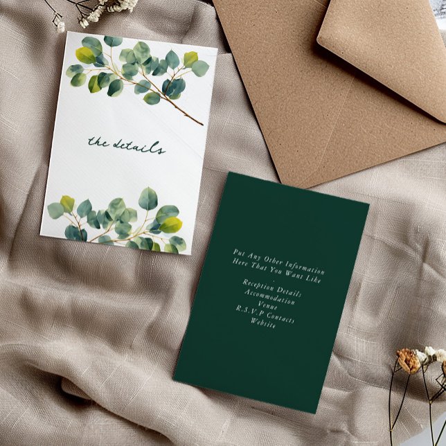 Eukalyptus-Zweig Hochzeit der Details Begleitkarte (Eucalyptus branch wedding "The details" enclosure card.)