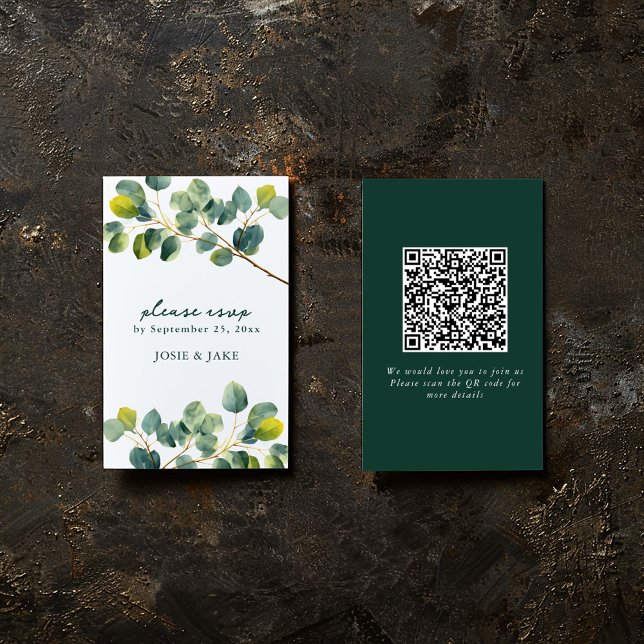 Eukalyptus-Zweigstelle Hochzeit qr-Code-uAwg Begleitkarte (Modern eucalyptus leaf design on perfect for conveying a natural, fresh feel to your event.)