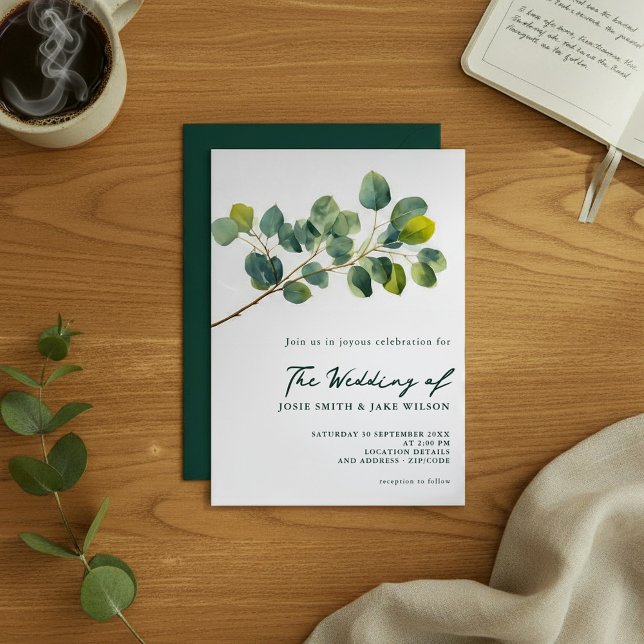 Eukalyptus zweigt grüne Blätter Hochzeit ab Einladung (Eucalyptus branches green leaves wedding invitation.)