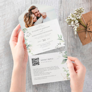 Eukalyptusblätter elegante Foto-QR-Code-Hochzeit All In One Einladung