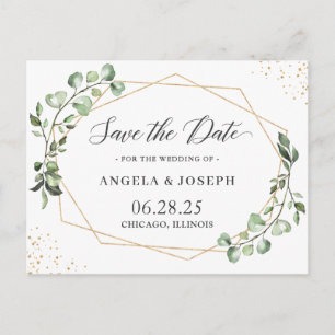 Eukalyptusblätter Geometrische Hochzeit Save the D Einladungspostkarte