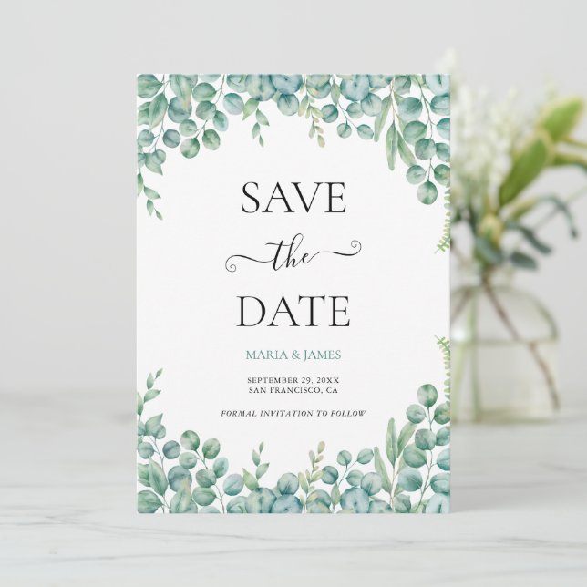 Eukalyptusblätter-Hochzeit Save The Date (Stehend Vorderseite)