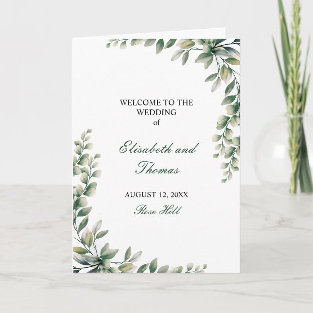 Eukalyptusblätter modernes Hochzeitsprogramm  Programm (Vorderseite)