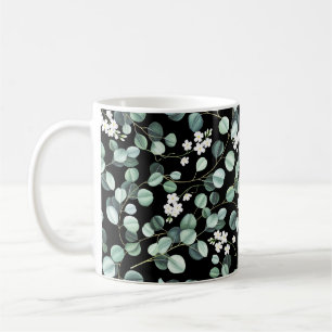 Eukalyptusblätter: Muster mit weißen Blüten Kaffeetasse