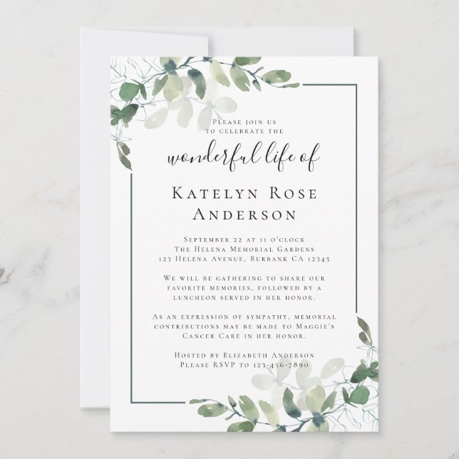 Eukalyptusfeier zur Gedenkfeier Einladung (Vorderseite)