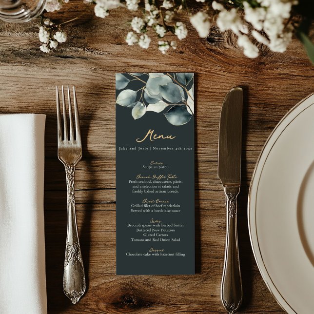 Eukalyptuszweig dunkelgrünes Goldmenü Menükarte (Wedding reception dinner menu with and gold text, green background and eucalyptus leaves top frame)