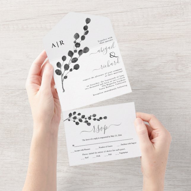 Eukalyptuszweig-Winterhochzeit All In One Einladung (Abreißen)