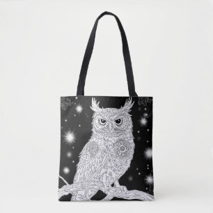 Eule auf Ast unter magischem Sternenhimmel Tasche