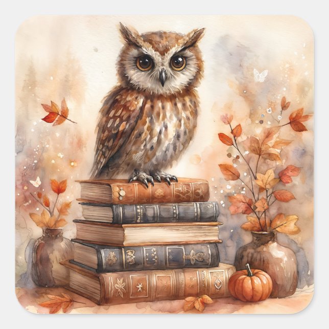 Eule auf dem Buchstapel mit Herbstlauben Quadratischer Aufkleber (Vorderseite)