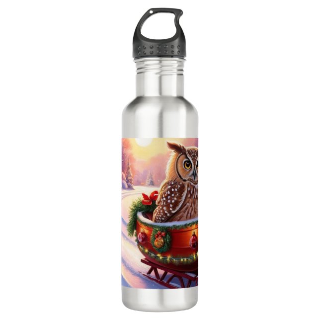 Eule auf einem Schlitten während der Ferien Edelstahlflasche (Vorderseite)
