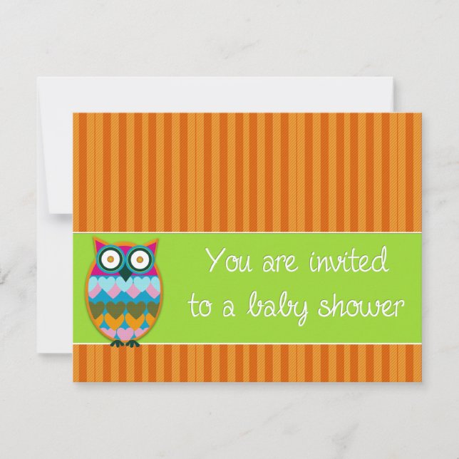 Eule auf orangefarbenen Streifen Baby Dusche Einla Einladung (Vorderseite)