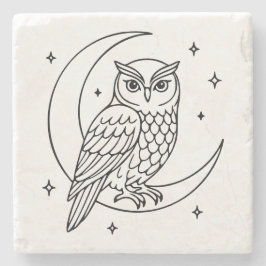 Eule auf zunehmendem Mond mit Line-Art-Sternen Steinuntersetzer