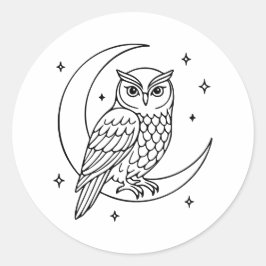 Eule auf zunehmendem Mond mit Sternen Linienkunst Runder Aufkleber