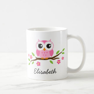 Eule auf Zweig mit rosa Blume personalisierter Nam Kaffeetasse